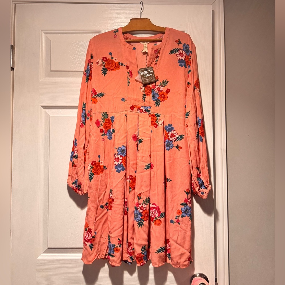 NWT Matilda Jane Medium Floral Pink Dress peach/ Pink with Blue and Red Accents